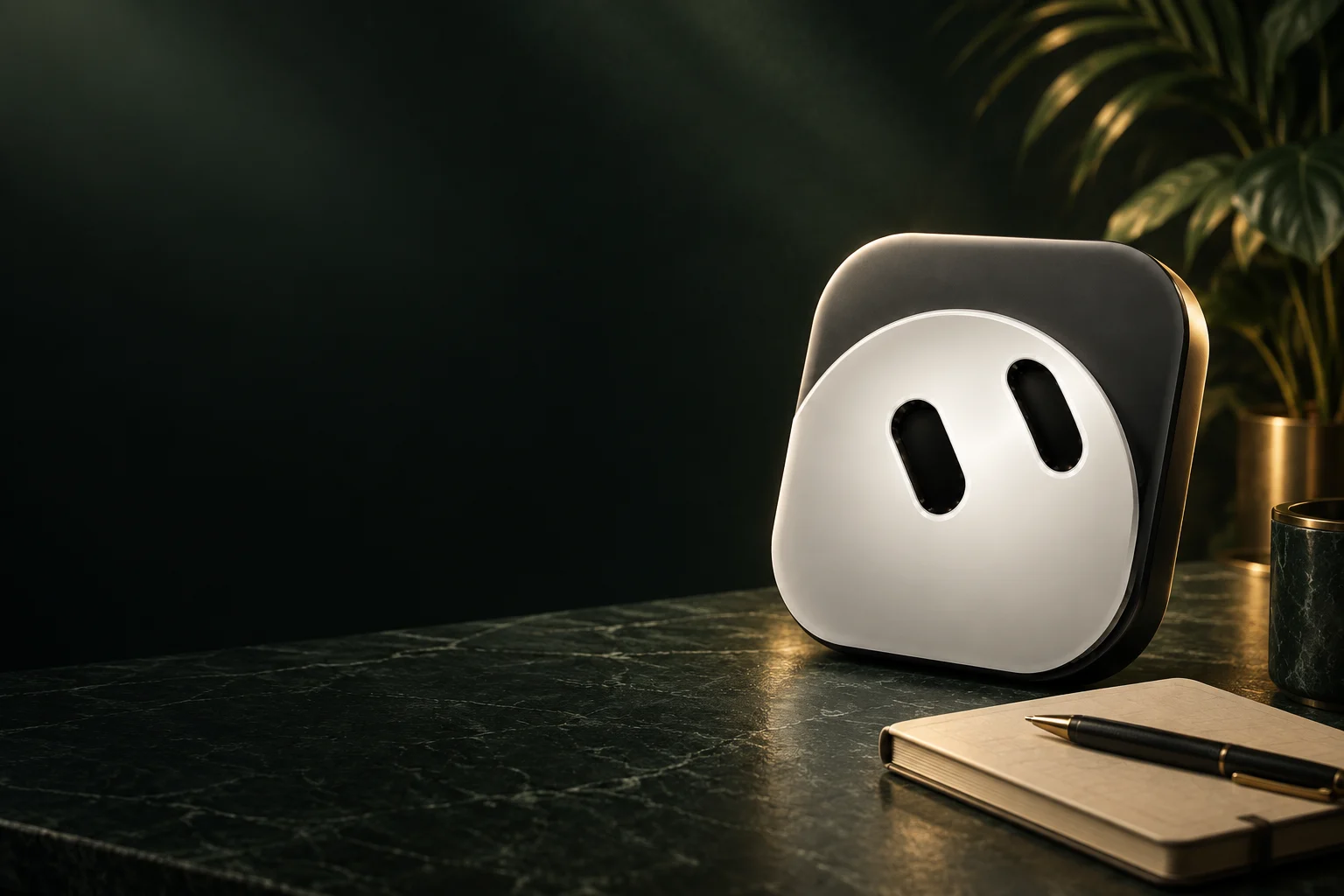 Silver Grok Bot mascot in the STREX forest green studio
